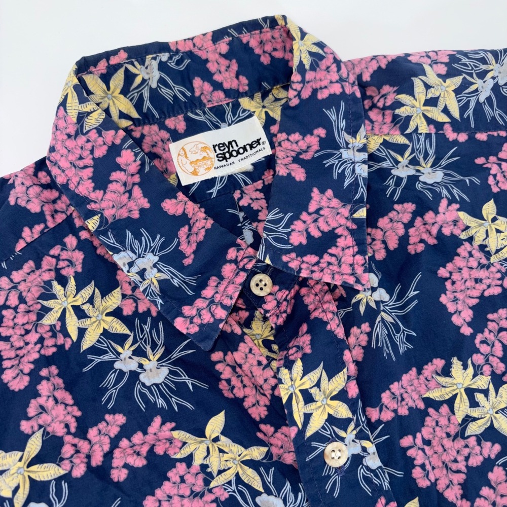 Reyn Spooner Mens Hawaiian Traditionals Floral‎ Button Down Shirt Navy Pink Blue